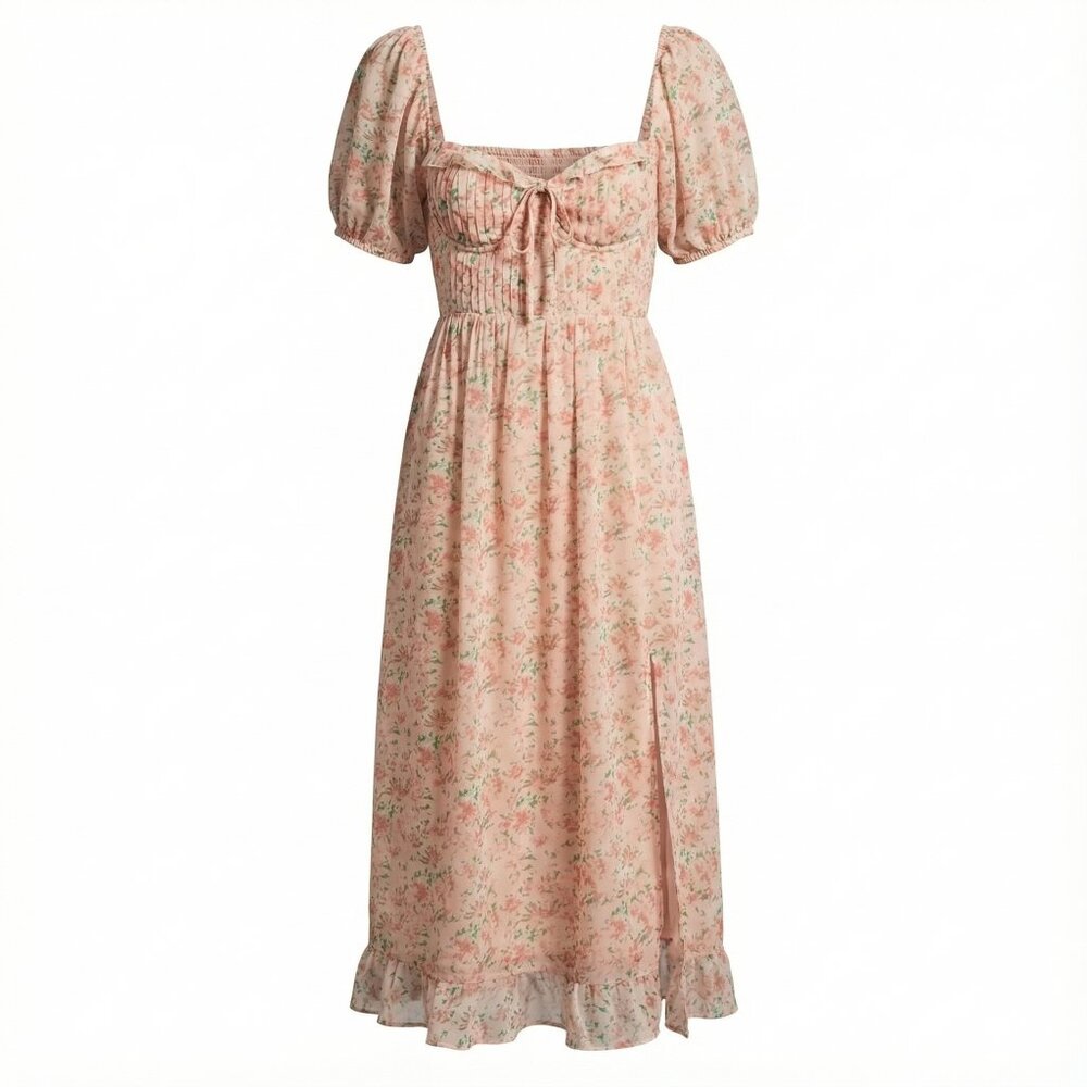 ASTR The Label Pompeo Puff Sleeve Midi Dress Romantic Square Neck Fit & Flare